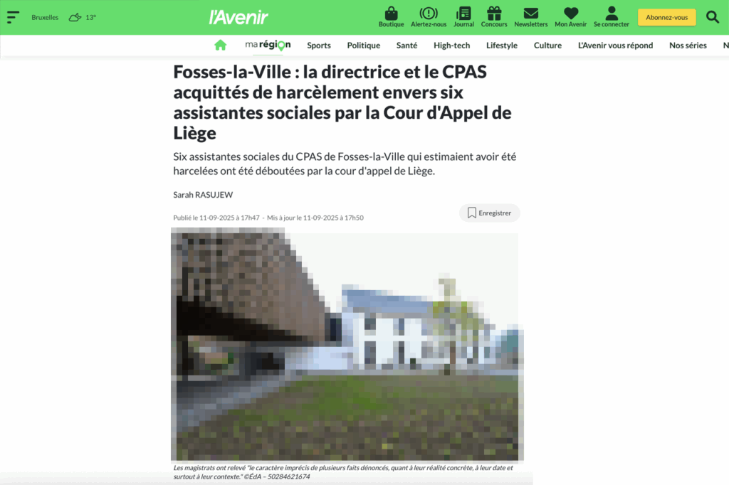 Fosses-la-Ville : la directrice et le CPAS acquittés de harcèlement envers six assistantes sociales par la Cour d'Appel de Liège