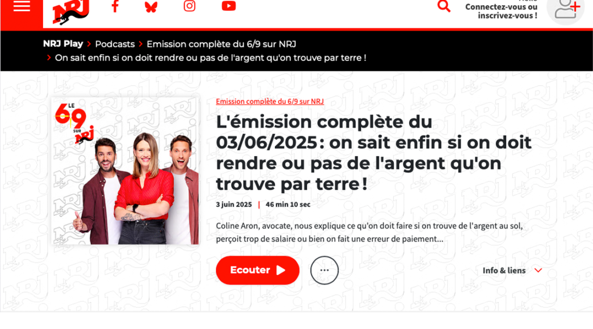 Coline ARON est interviewée le 3 juin 2025 sur la radio NRJ pour répondre à la question suivante : que doit-on faire si on trouve de l'argent au sol, si on perçoit trop de salaire ou bien si on fait une erreur de paiement ?