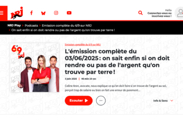 Coline ARON est interviewée le 3 juin 2025 sur la radio NRJ pour répondre à la question suivante : que doit-on faire si on trouve de l'argent au sol, si on perçoit trop de salaire ou bien si on fait une erreur de paiement ?