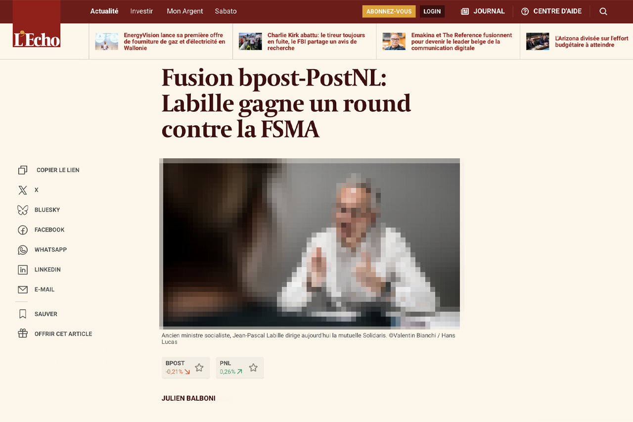 Fusion bpost-PostNL: Labille gagne un premier round contre la FSMA