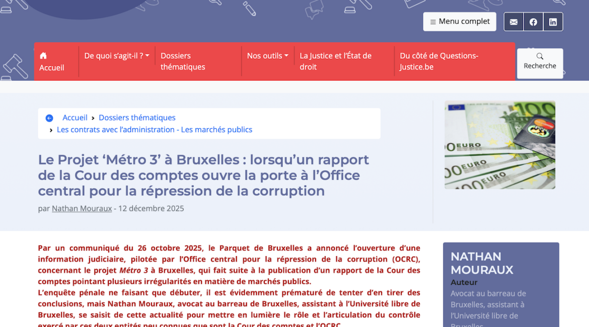 Le Projet ‘Métro 3’ à Bruxelles : lorsqu’un rapport de la Cour des comptes ouvre la porte à l’Office central pour la répression de la corruption par Nathan Mouraux