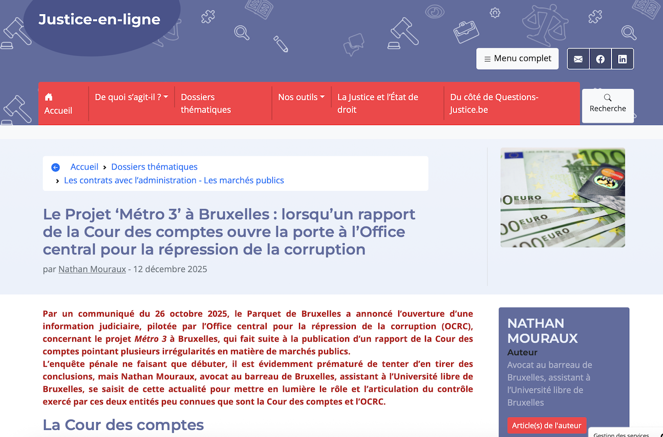 Le Projet ‘Métro 3’ à Bruxelles : lorsqu’un rapport de la Cour des comptes ouvre la porte à l’Office central pour la répression de la corruption par Nathan Mouraux